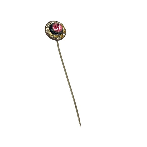 Antique Stick Pin Pink Gemstone Rhinestone Accents For Lapel Or Hat - Picture 1 of 6